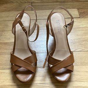Barneys of New York, Brand new, tan, size 38 open toe sandals, 4” heels